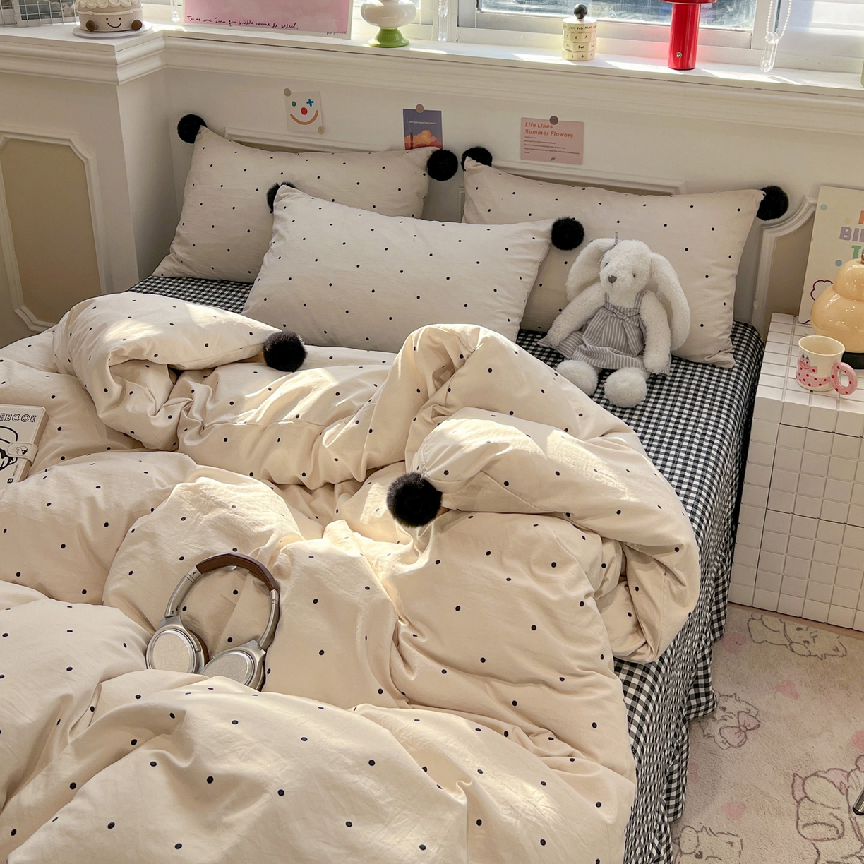 91家纺网 家纺一手货源 找家纺 富米莱（原臻工厂） 2026新款水洗棉波点黑格球球绝绝子床盖床裙四裙套 波点-米白