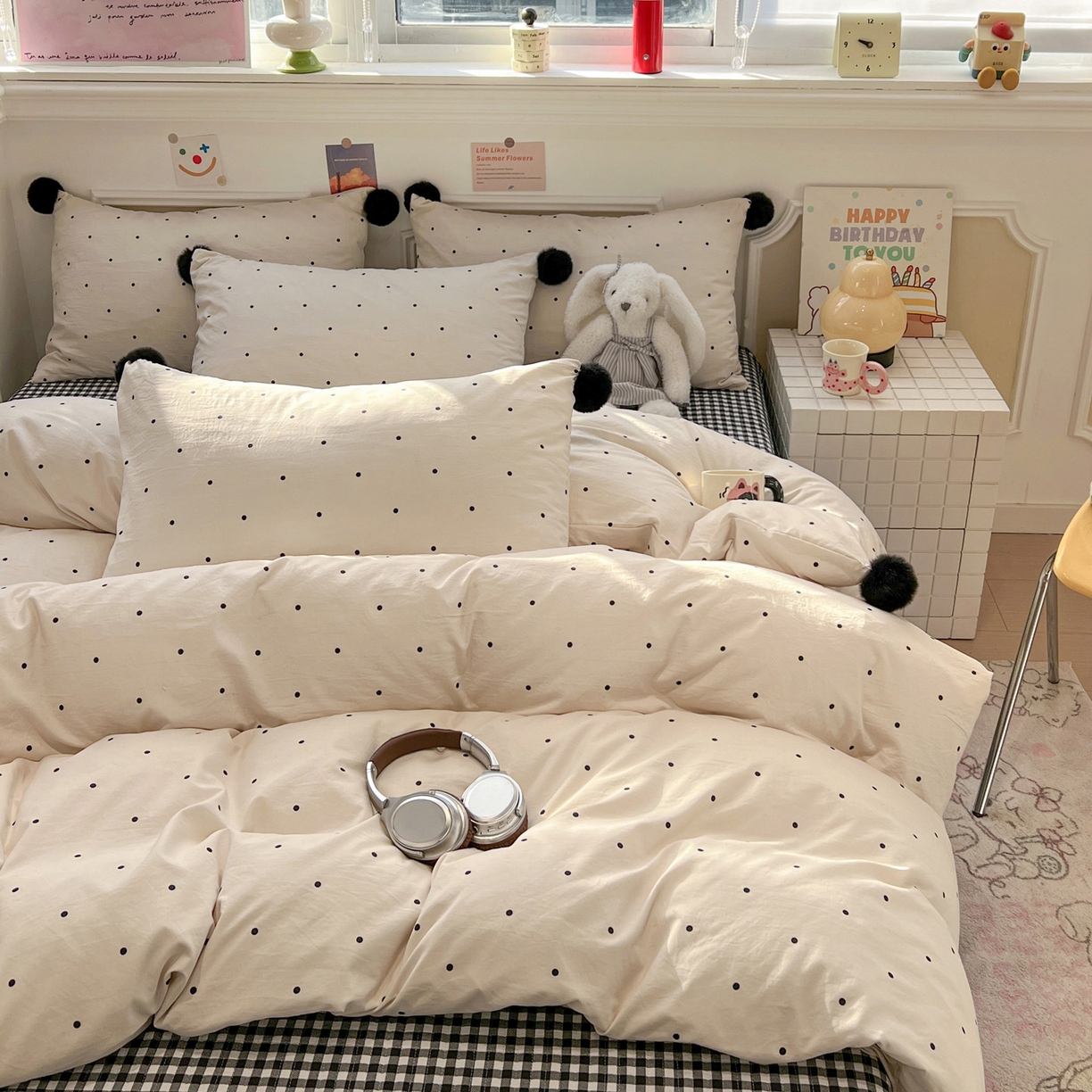 91家纺网 家纺一手货源 找家纺 富米莱（原臻工厂） 2026新款水洗棉波点黑格球球绝绝子床盖床裙四裙套 波点-米白