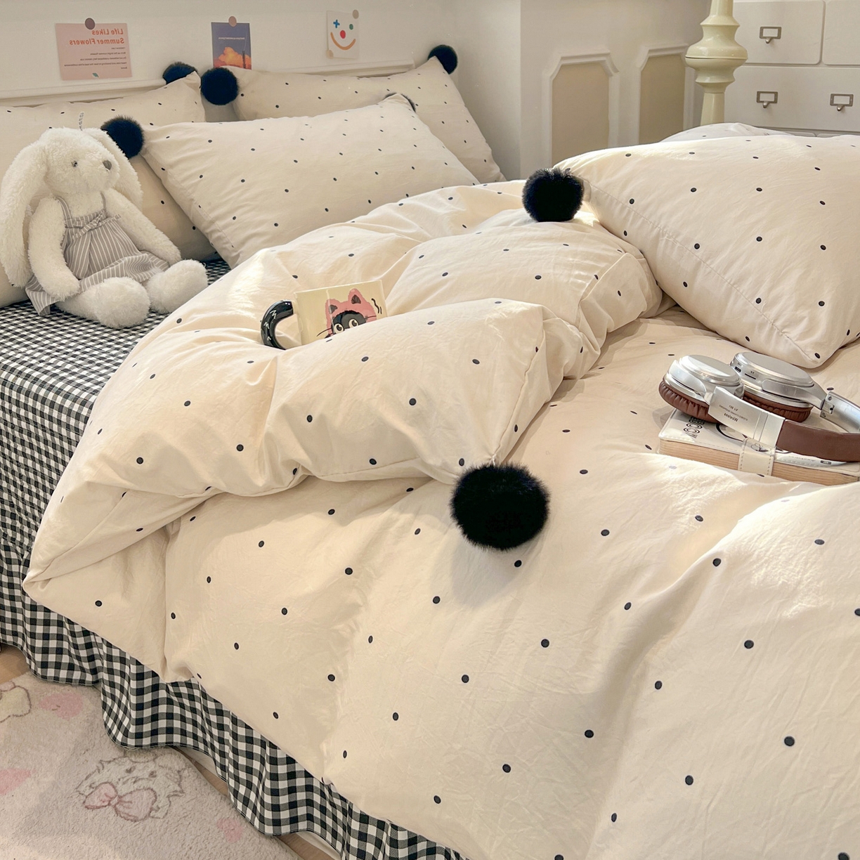 91家纺网 家纺一手货源 找家纺 富米莱（原臻工厂） 2026新款水洗棉波点黑格球球绝绝子床盖床裙四裙套 波点-米白