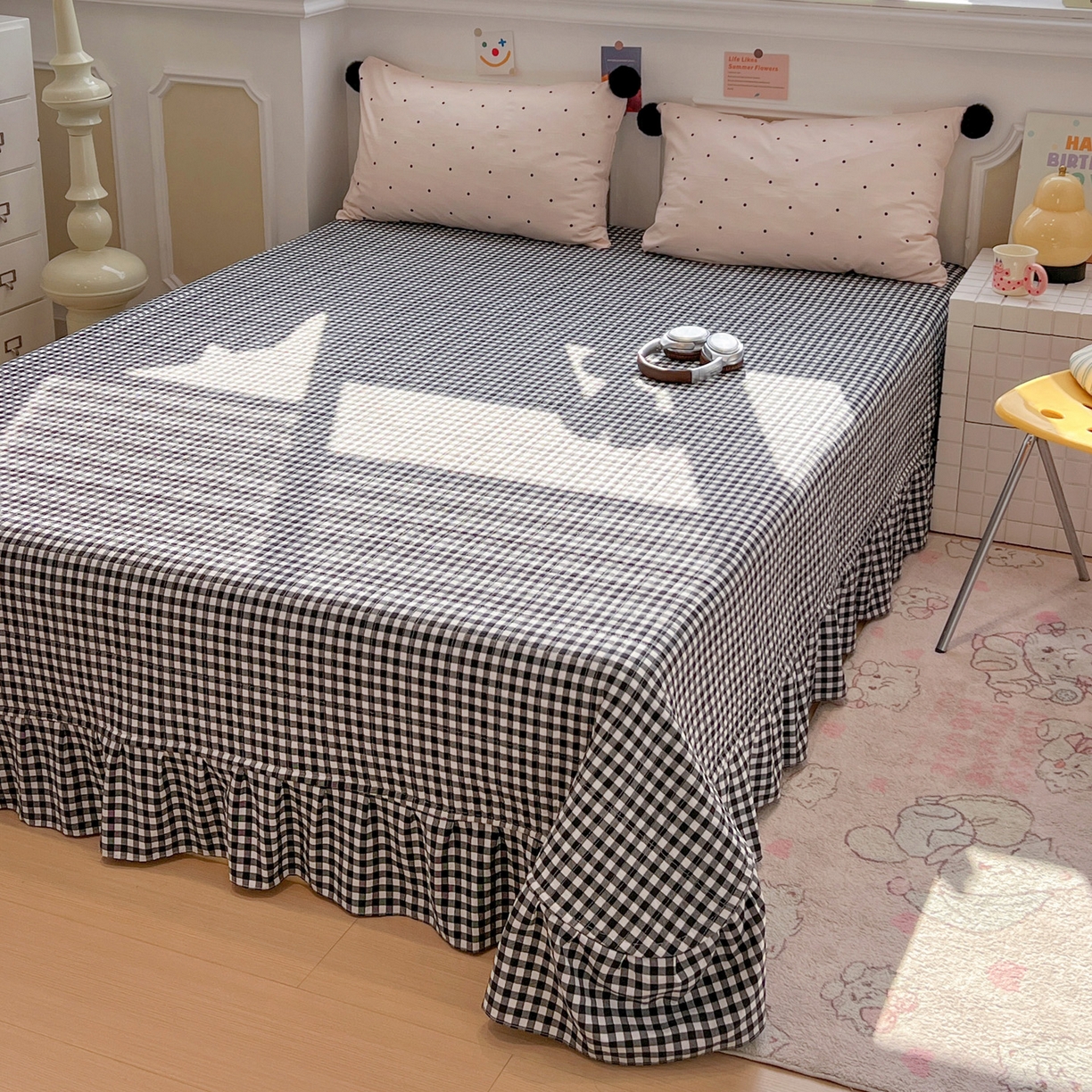 91家纺网 家纺一手货源 找家纺 （总）富米莱（原臻工厂） 2026新款水洗棉波点黑格球球绝绝子床盖床裙四裙套