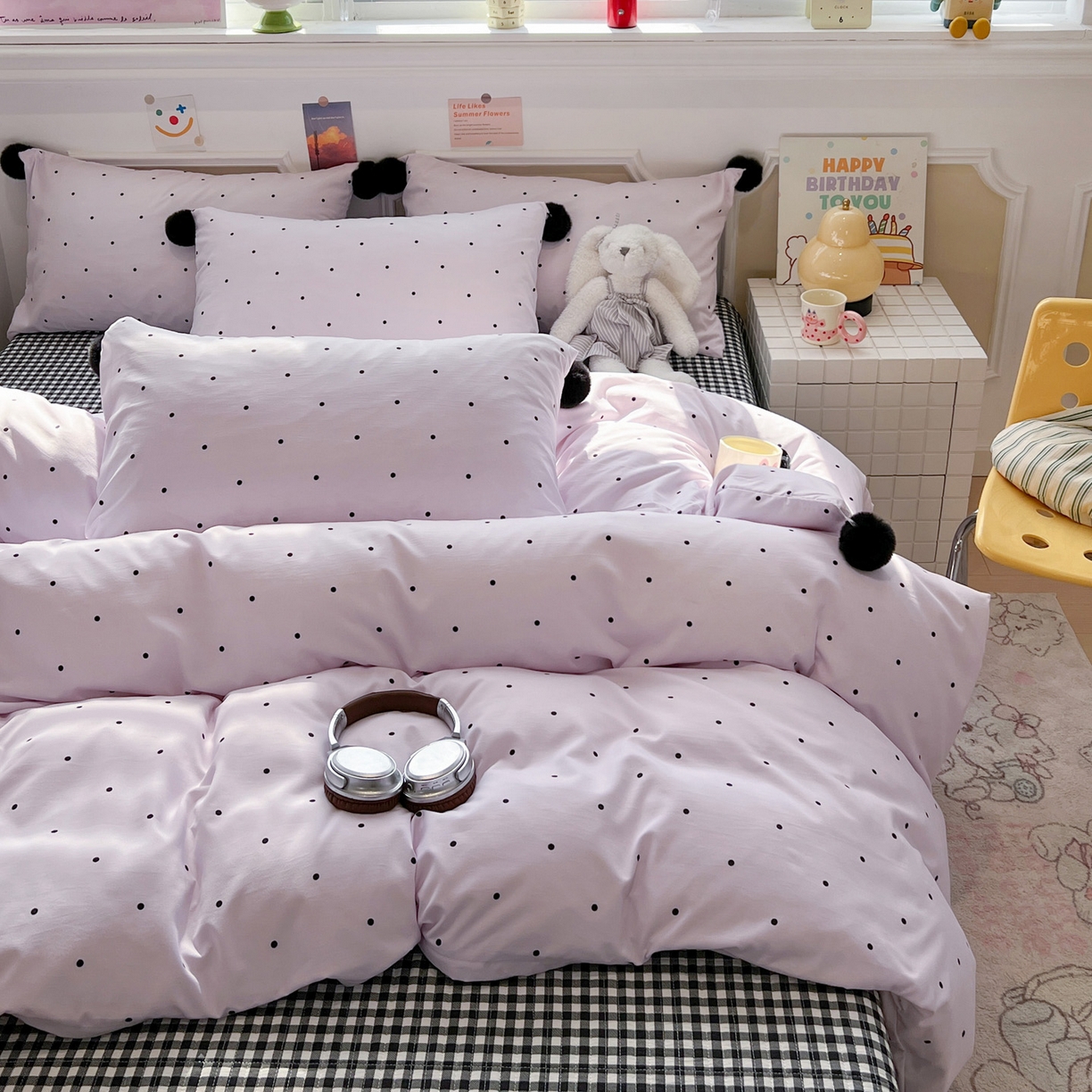 91家纺网 家纺一手货源 找家纺 富米莱（原臻工厂） 2026新款水洗棉波点黑格球球绝绝子床盖床裙四裙套 波点-紫