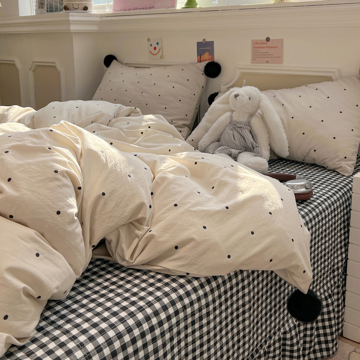 91家纺网 家纺一手货源 找家纺 富米莱（原臻工厂） 2026新款水洗棉波点黑格球球绝绝子床盖床裙四裙套 波点-米白