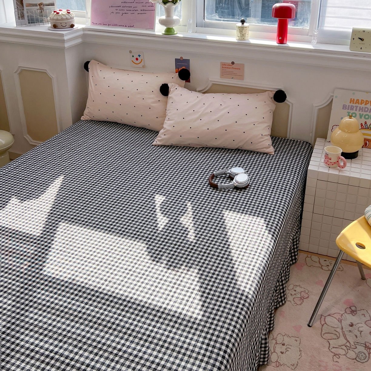 91家纺网 家纺一手货源 找家纺 （总）富米莱（原臻工厂） 2026新款水洗棉波点黑格球球绝绝子床盖床裙四裙套