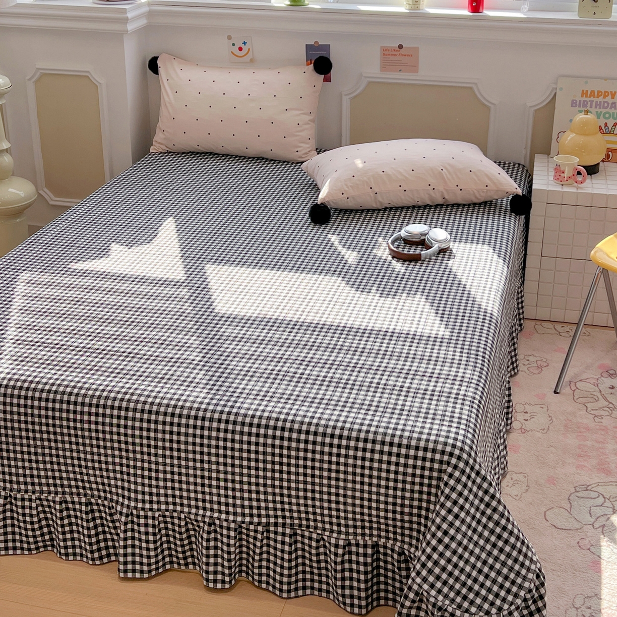 91家纺网 家纺一手货源 找家纺 （总）富米莱（原臻工厂） 2026新款水洗棉波点黑格球球绝绝子床盖床裙四裙套