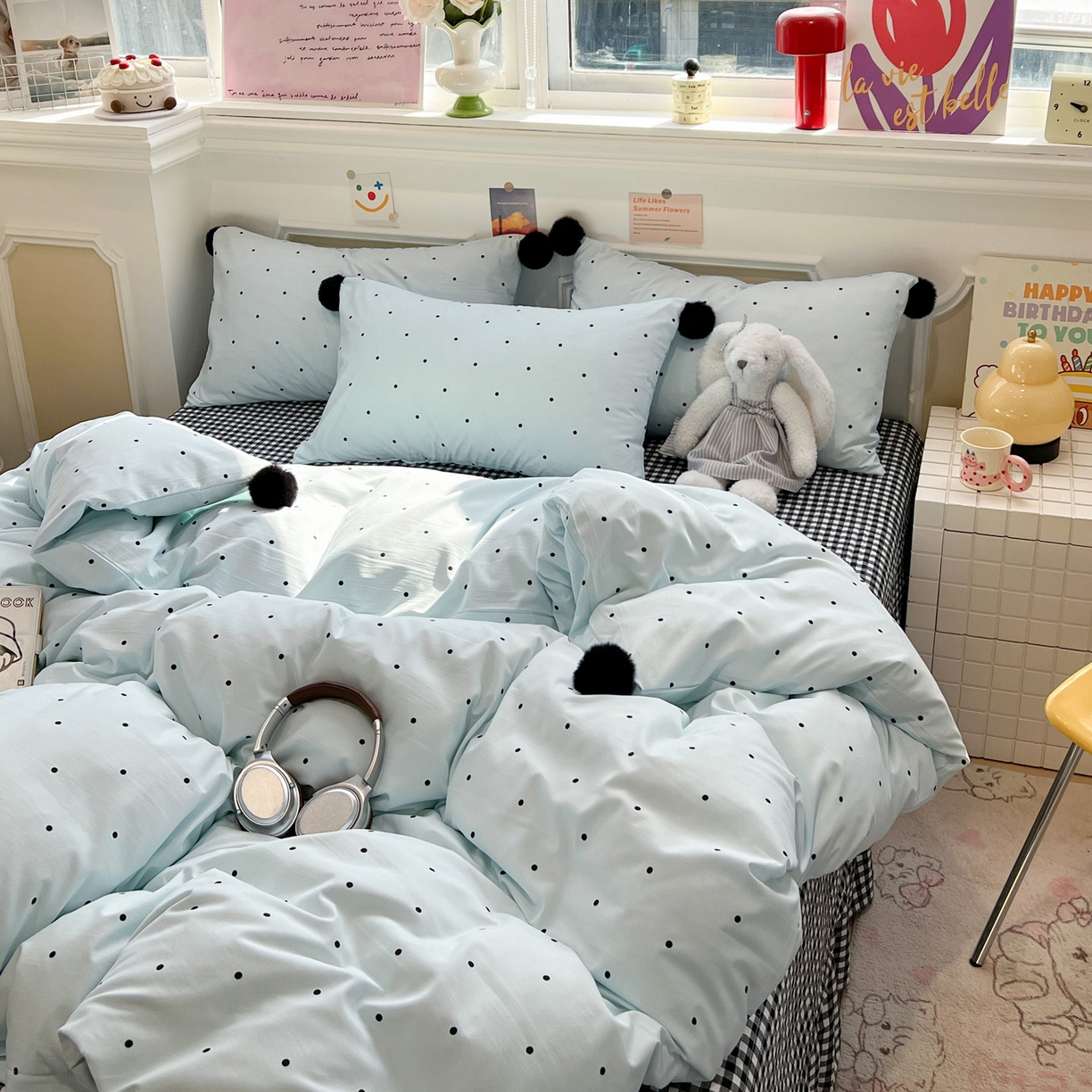 91家纺网 家纺一手货源 找家纺 富米莱（原臻工厂） 2026新款水洗棉波点黑格球球绝绝子床盖床裙四裙套 波点-蓝
