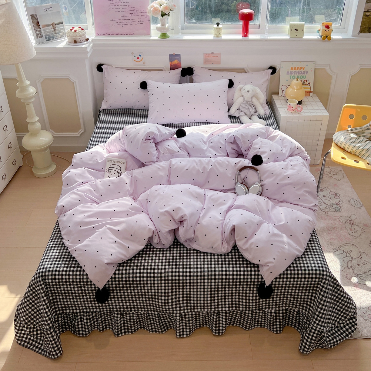 91家纺网 家纺一手货源 找家纺 富米莱（原臻工厂） 2026新款水洗棉波点黑格球球绝绝子床盖床裙四裙套 波点-紫