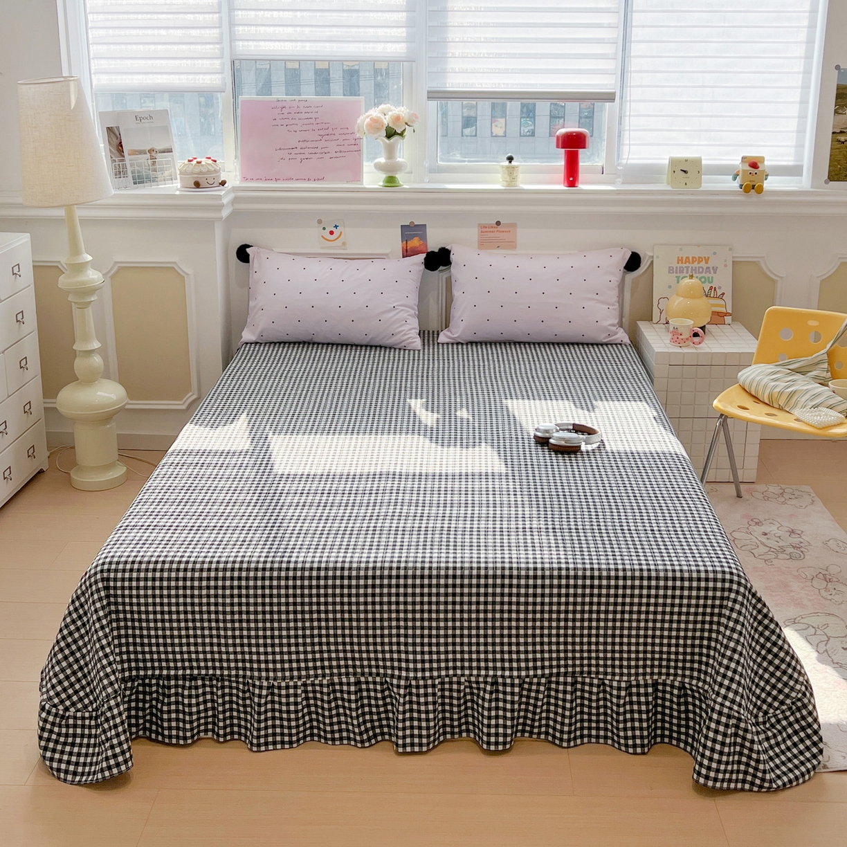 91家纺网 家纺一手货源 找家纺 富米莱（原臻工厂） 2026新款水洗棉波点黑格球球绝绝子床盖床裙四裙套 波点-紫