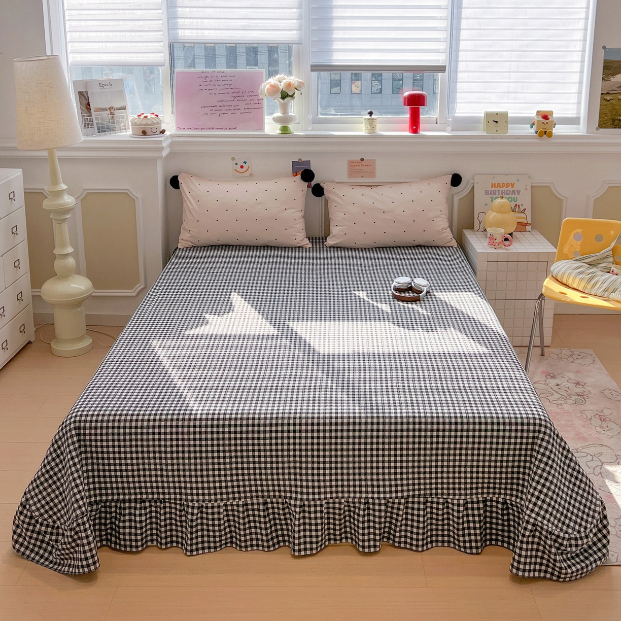 91家纺网 家纺一手货源 找家纺 富米莱（原臻工厂） 2026新款水洗棉波点黑格球球绝绝子床盖床裙四裙套 波点-粉