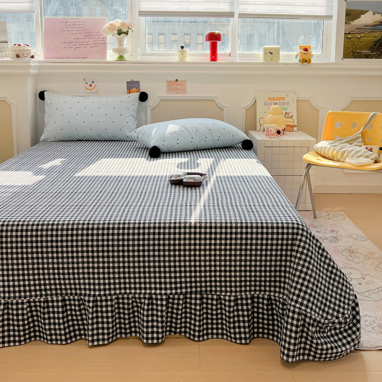 91家纺网 家纺一手货源 找家纺 富米莱（原臻工厂） 2026新款水洗棉波点黑格球球绝绝子床盖床裙四裙套 波点-蓝