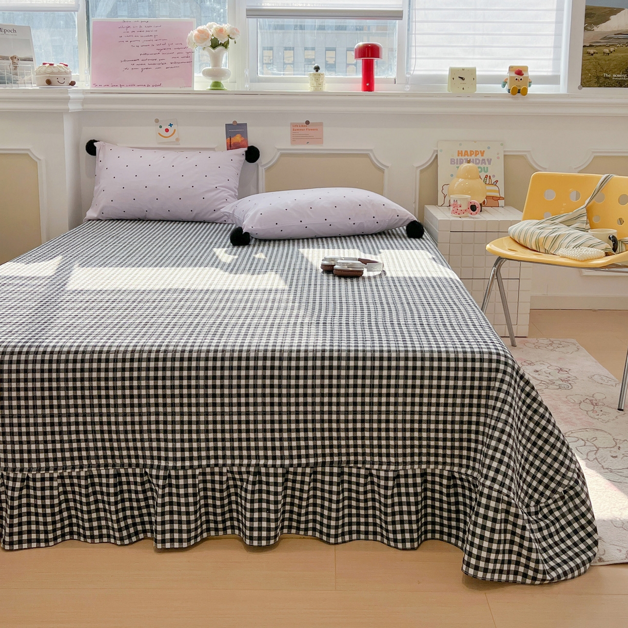 91家纺网 家纺一手货源 找家纺 富米莱（原臻工厂） 2026新款水洗棉波点黑格球球绝绝子床盖床裙四裙套 波点-紫