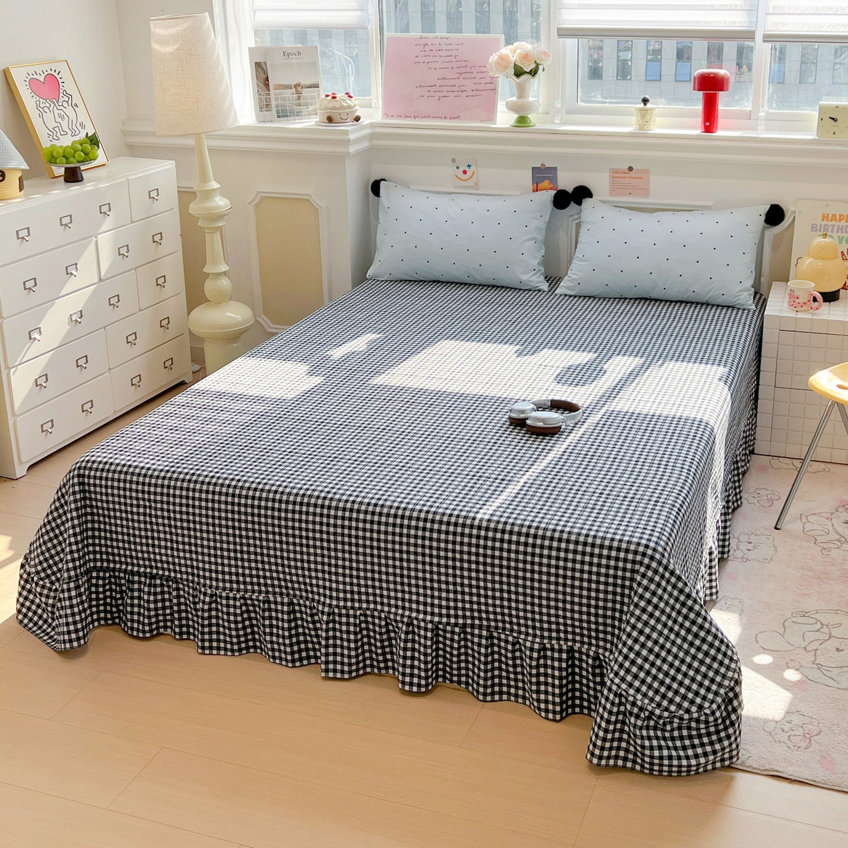 91家纺网 家纺一手货源 找家纺 富米莱（原臻工厂） 2026新款水洗棉波点黑格球球绝绝子床盖床裙四裙套 波点-蓝