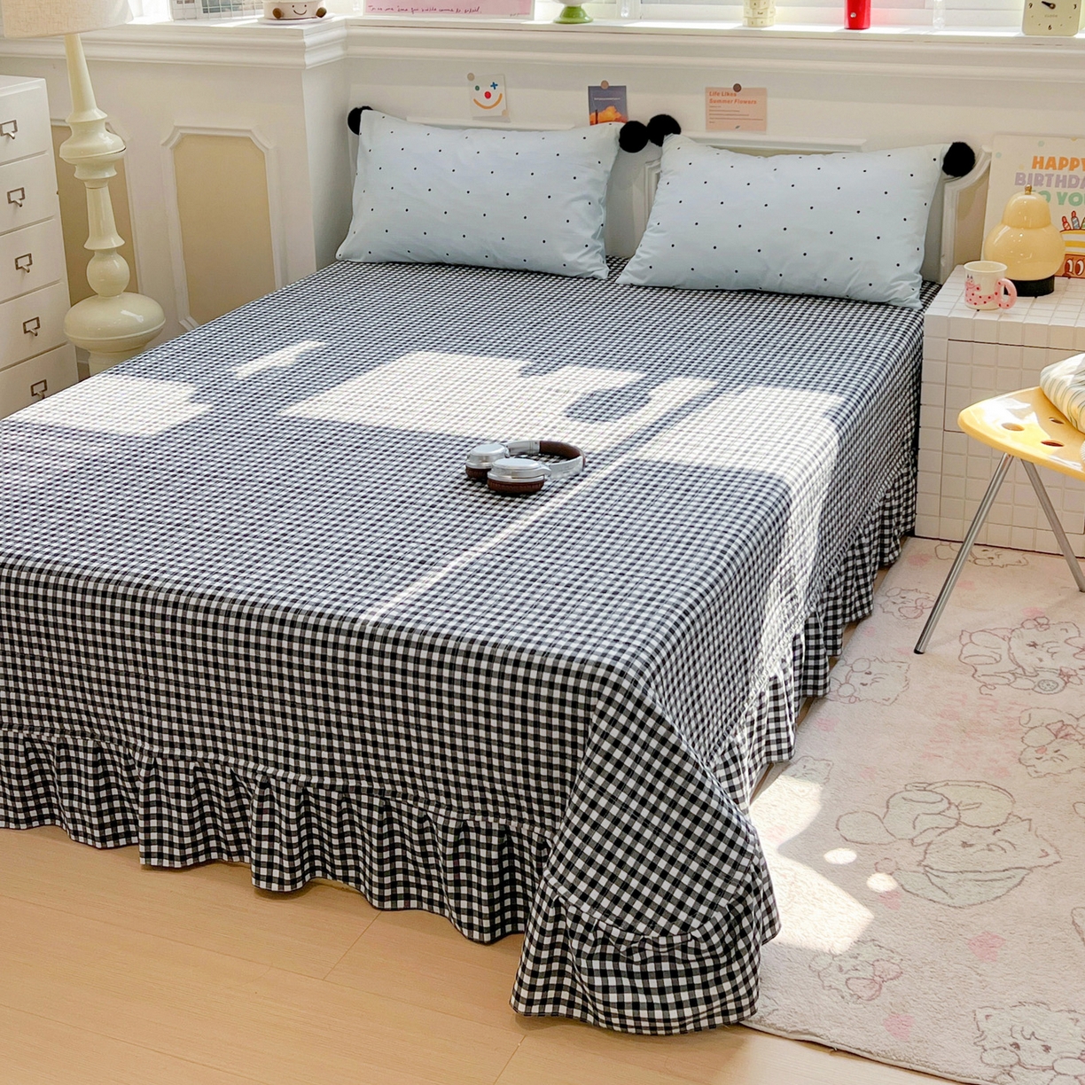 91家纺网 家纺一手货源 找家纺 富米莱（原臻工厂） 2026新款水洗棉波点黑格球球绝绝子床盖床裙四裙套 波点-蓝