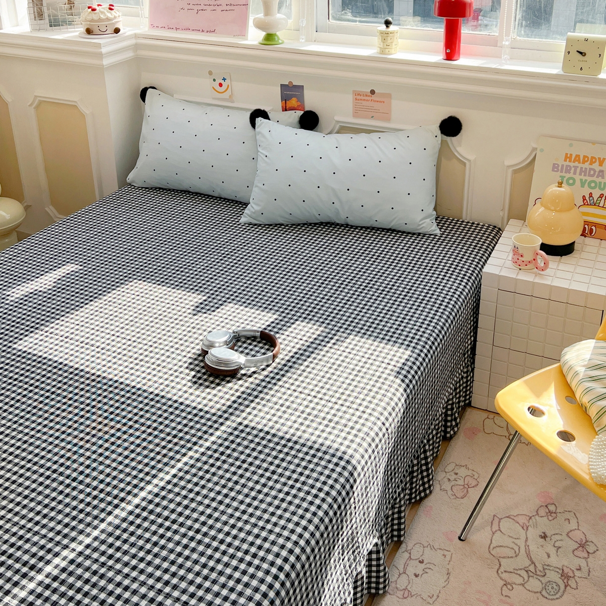 91家纺网 家纺一手货源 找家纺 富米莱（原臻工厂） 2026新款水洗棉波点黑格球球绝绝子床盖床裙四裙套 波点-蓝