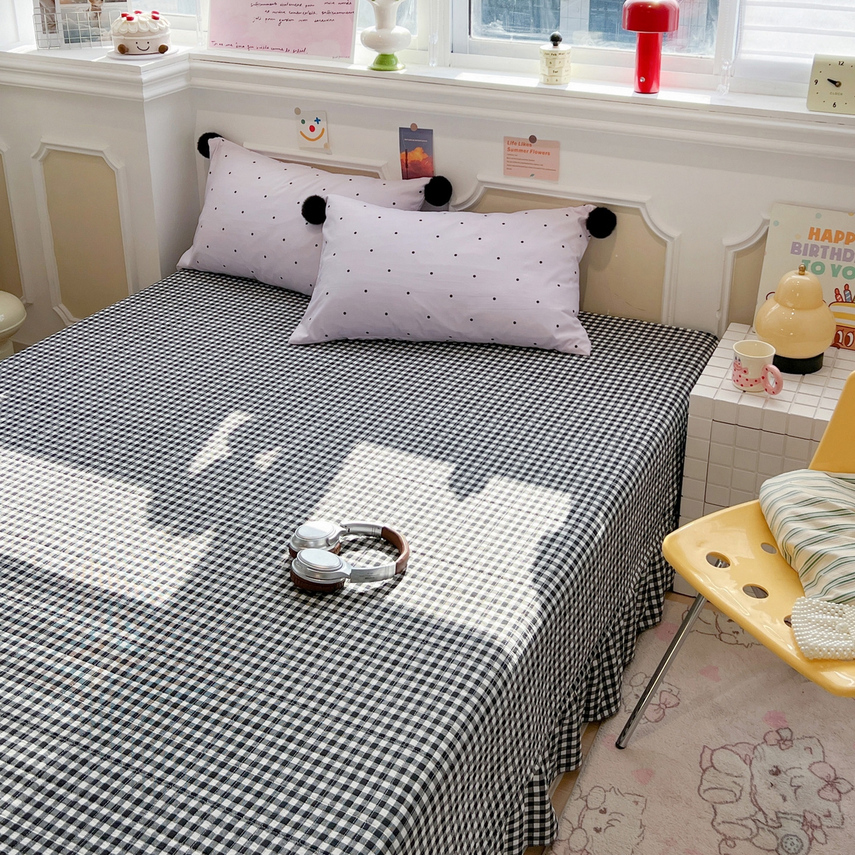 91家纺网 家纺一手货源 找家纺 富米莱（原臻工厂） 2026新款水洗棉波点黑格球球绝绝子床盖床裙四裙套 波点-紫