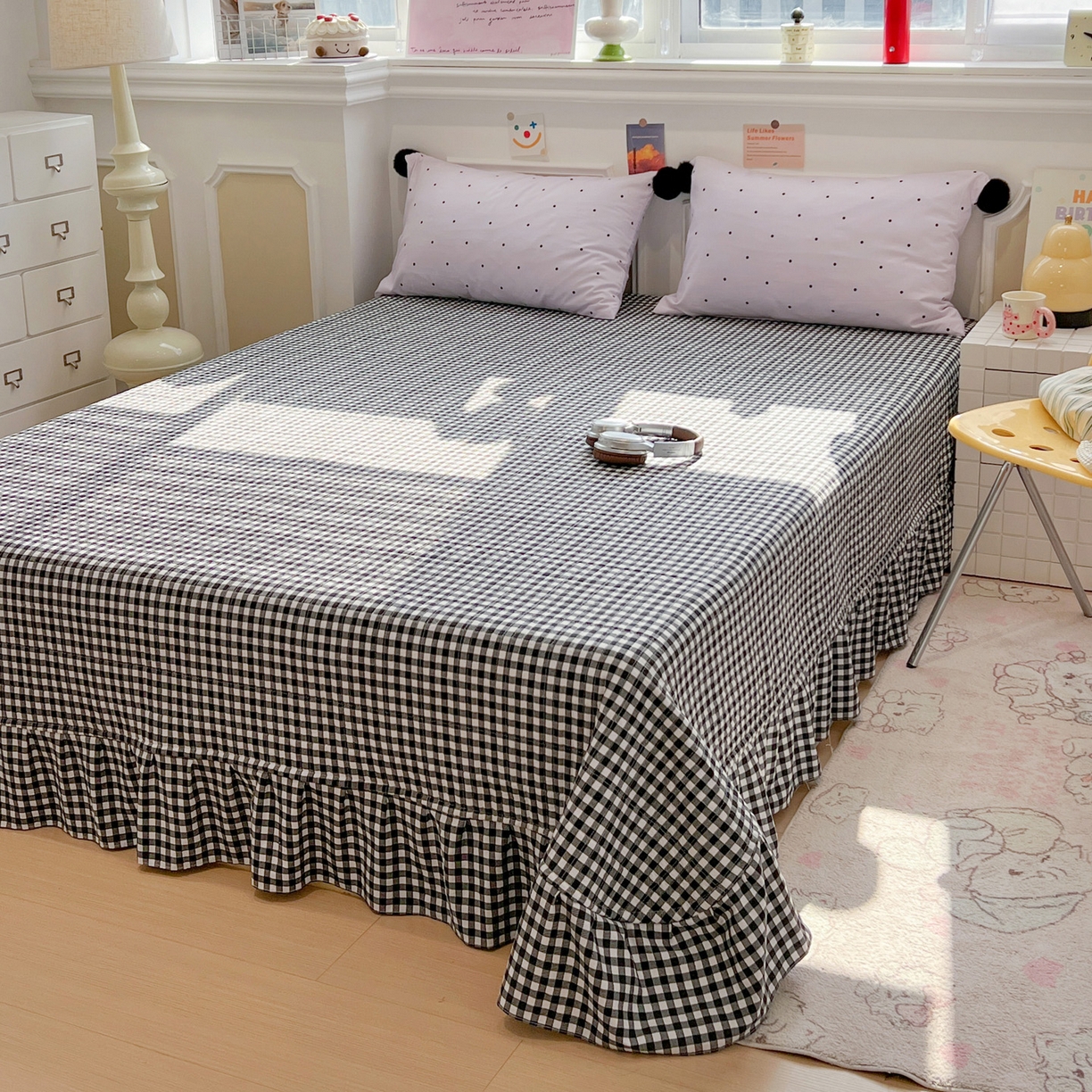 91家纺网 家纺一手货源 找家纺 富米莱（原臻工厂） 2026新款水洗棉波点黑格球球绝绝子床盖床裙四裙套 波点-紫