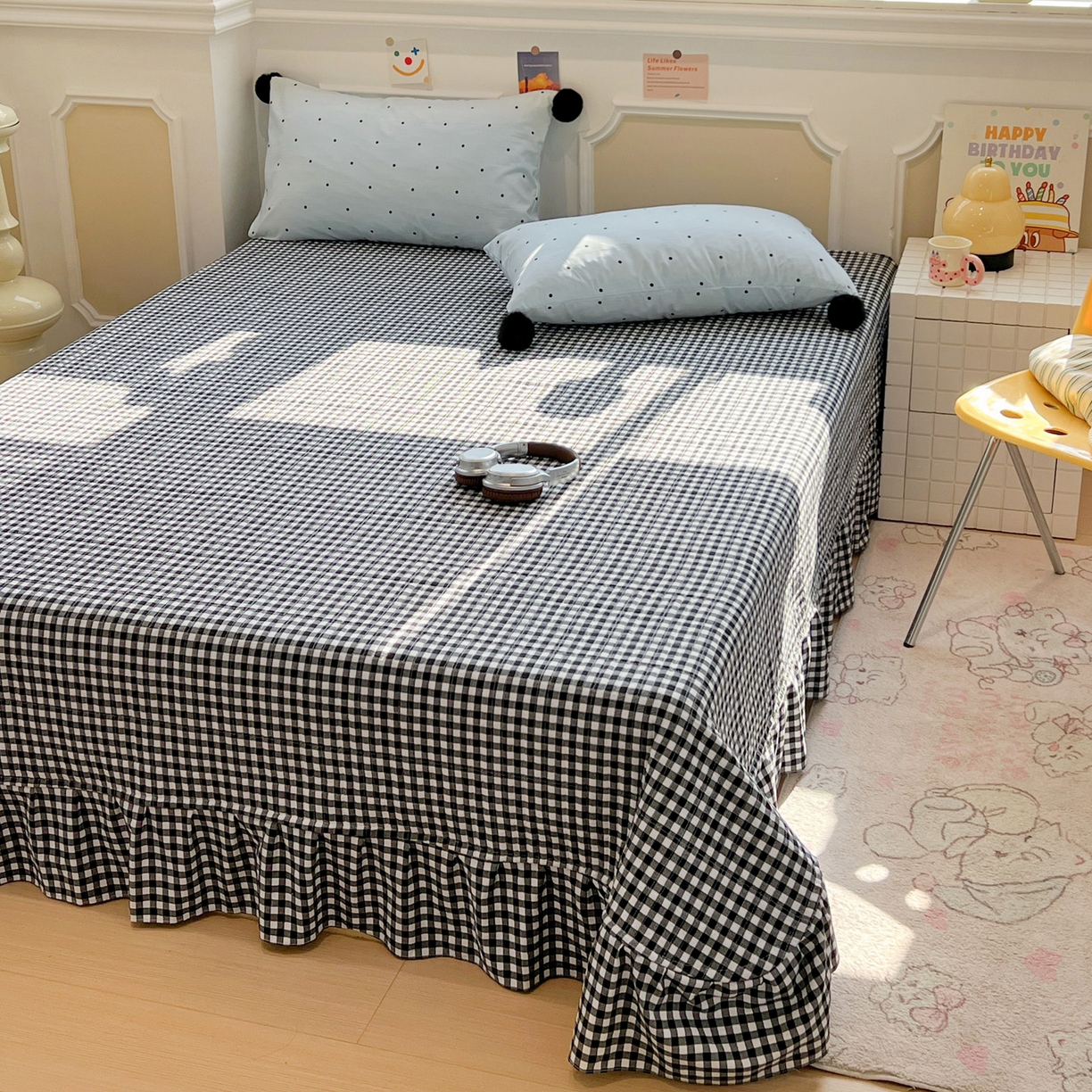 91家纺网 家纺一手货源 找家纺 富米莱（原臻工厂） 2026新款水洗棉波点黑格球球绝绝子床盖床裙四裙套 波点-蓝