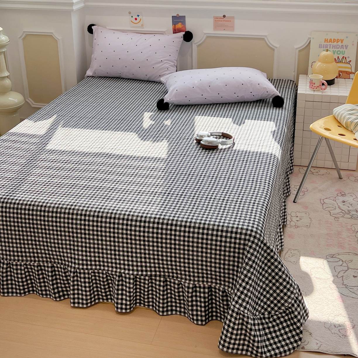 91家纺网 家纺一手货源 找家纺 富米莱（原臻工厂） 2026新款水洗棉波点黑格球球绝绝子床盖床裙四裙套 波点-紫