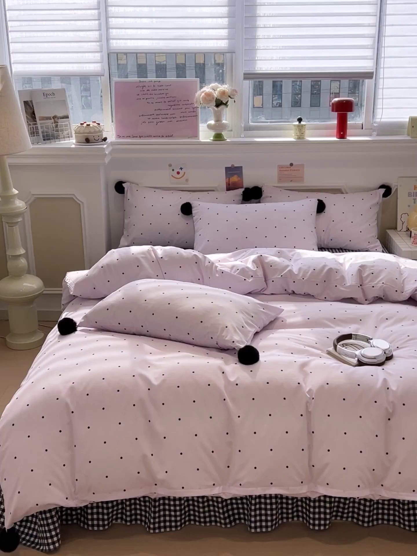 91家纺网 家纺一手货源 找家纺 富米莱（原臻工厂） 2026新款水洗棉波点黑格球球绝绝子床盖床裙四裙套 波点-紫