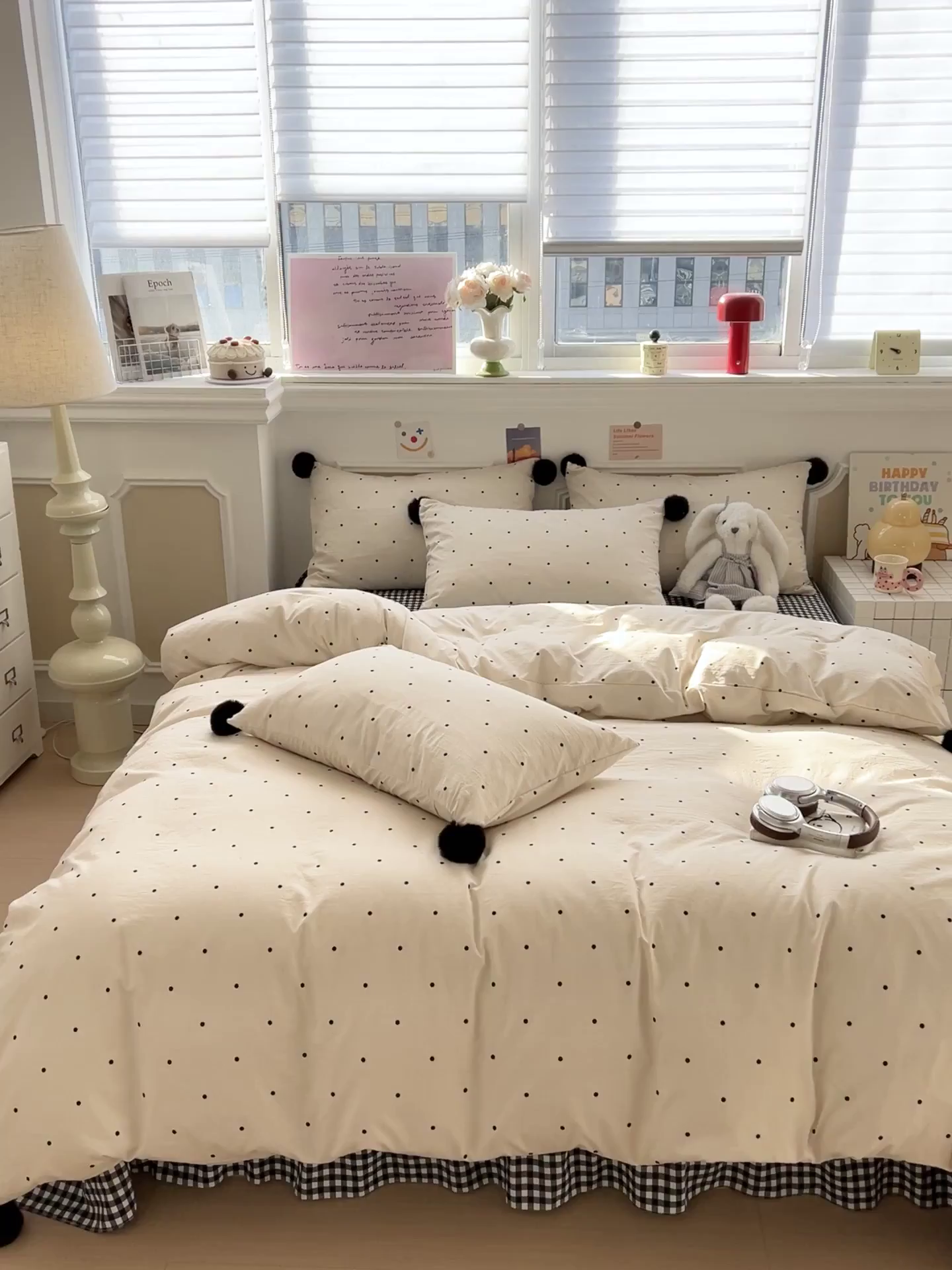 91家纺网 家纺一手货源 找家纺 富米莱（原臻工厂） 2026新款水洗棉波点黑格球球绝绝子床盖床裙四裙套 波点-米白