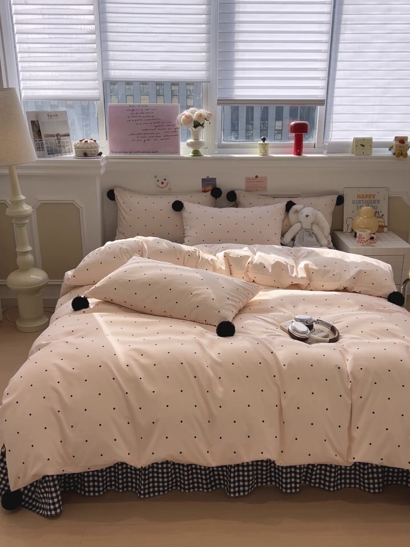 91家纺网 家纺一手货源 找家纺 富米莱（原臻工厂） 2026新款水洗棉波点黑格球球绝绝子床盖床裙四裙套 波点-粉