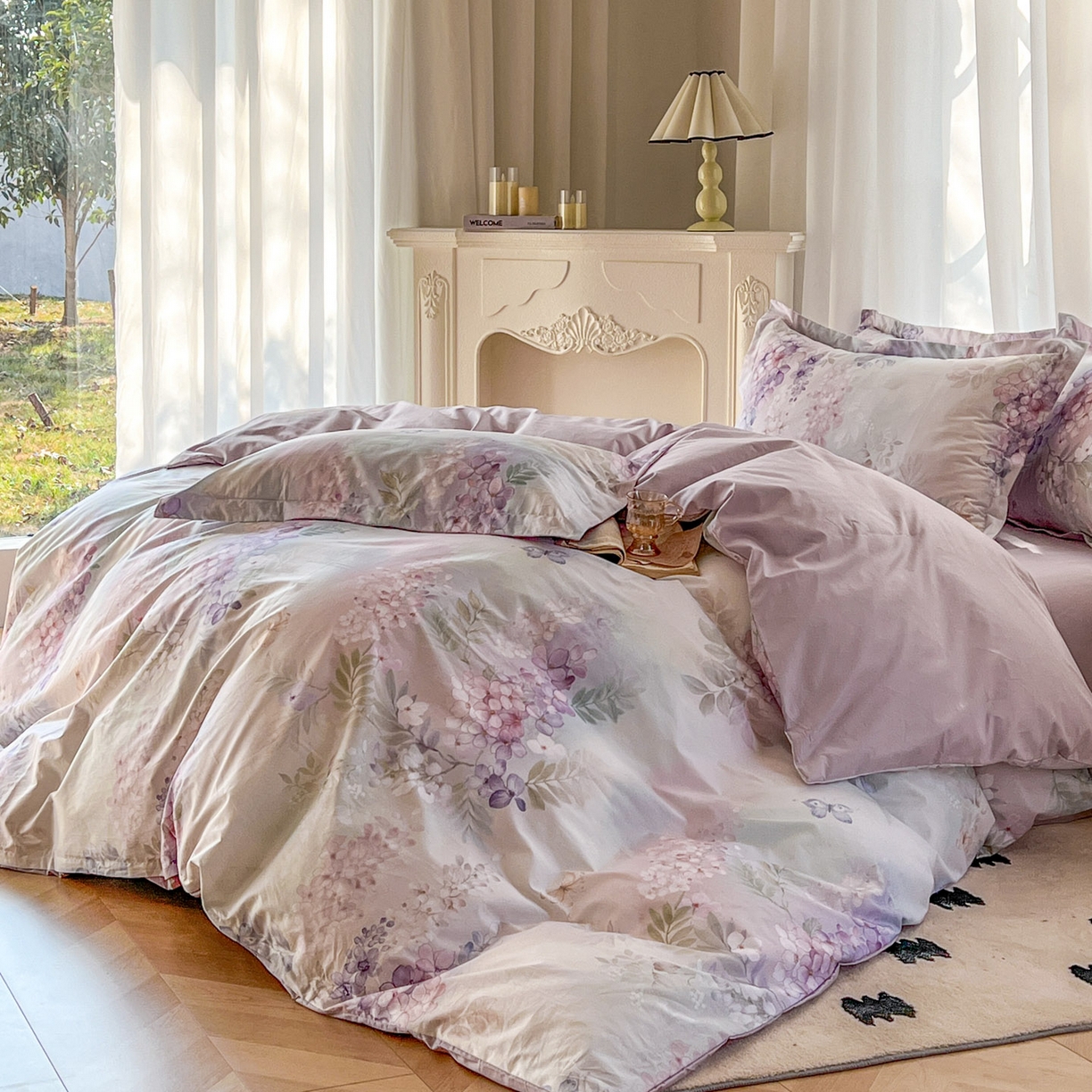 卧趣家纺 2026新款纯棉花卉系列全棉印花四件套 风铃-紫