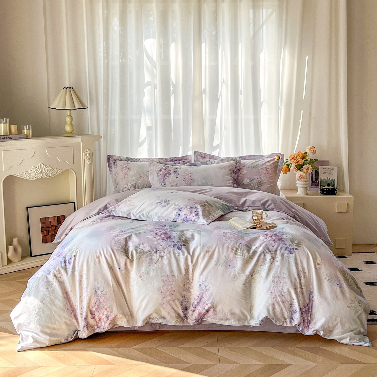 91家纺网 家纺一手货源 找家纺 卧趣家纺 2026新款纯棉花卉系列全棉印花四件套 风铃-紫