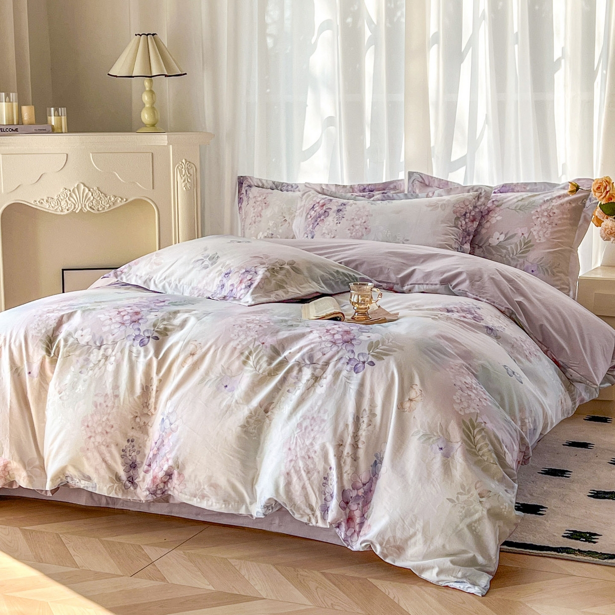 91家纺网 家纺一手货源 找家纺 卧趣家纺 2026新款纯棉花卉系列全棉印花四件套 风铃-紫