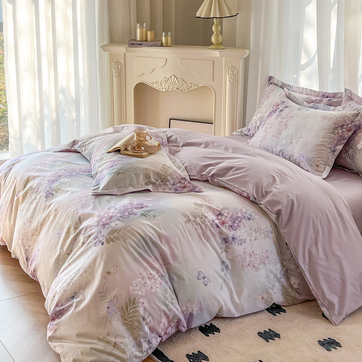 91家纺网 家纺一手货源 找家纺 卧趣家纺 2026新款纯棉花卉系列全棉印花四件套 风铃-紫