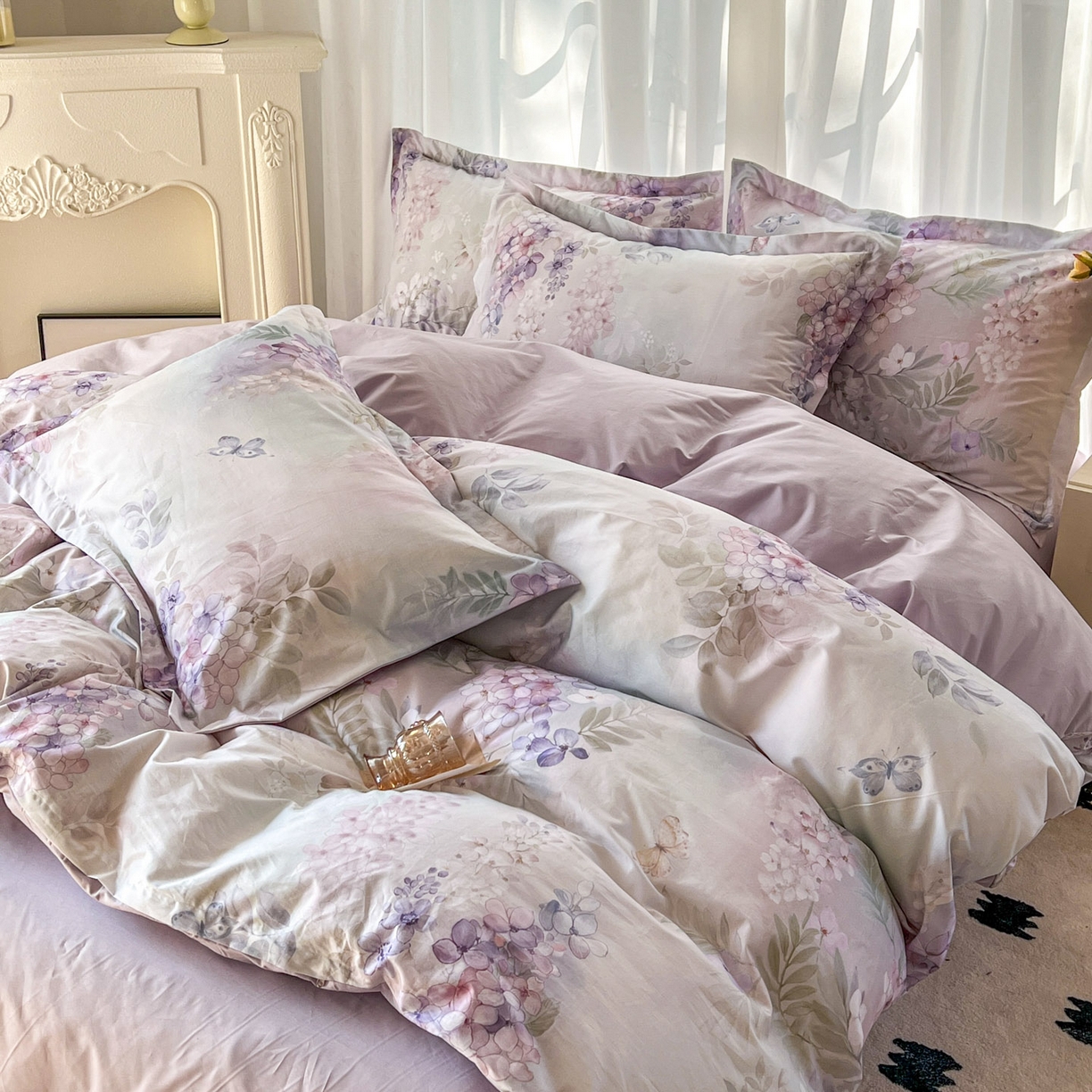 91家纺网 家纺一手货源 找家纺 卧趣家纺 2026新款纯棉花卉系列全棉印花四件套 风铃-紫