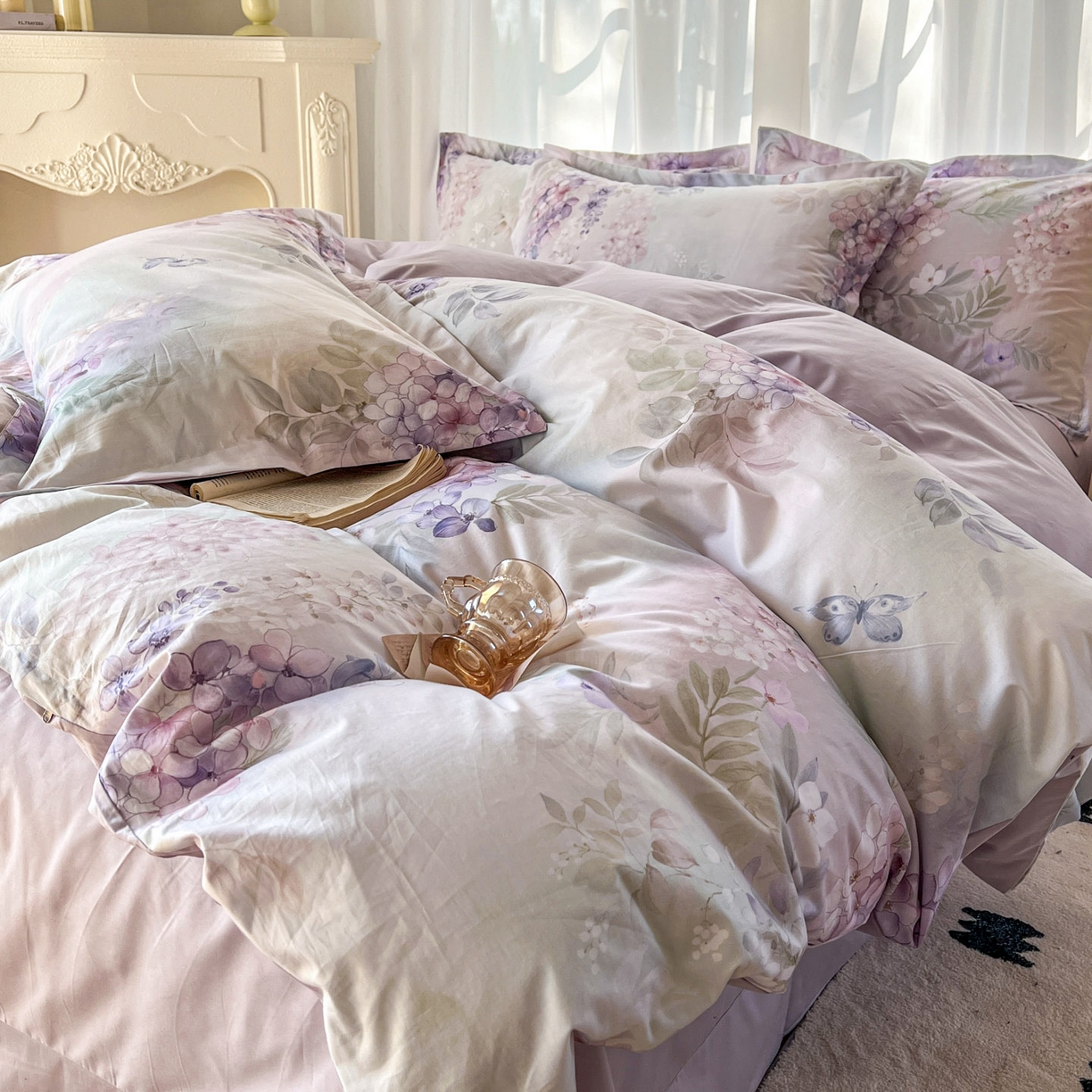 91家纺网 家纺一手货源 找家纺 卧趣家纺 2026新款纯棉花卉系列全棉印花四件套 风铃-紫