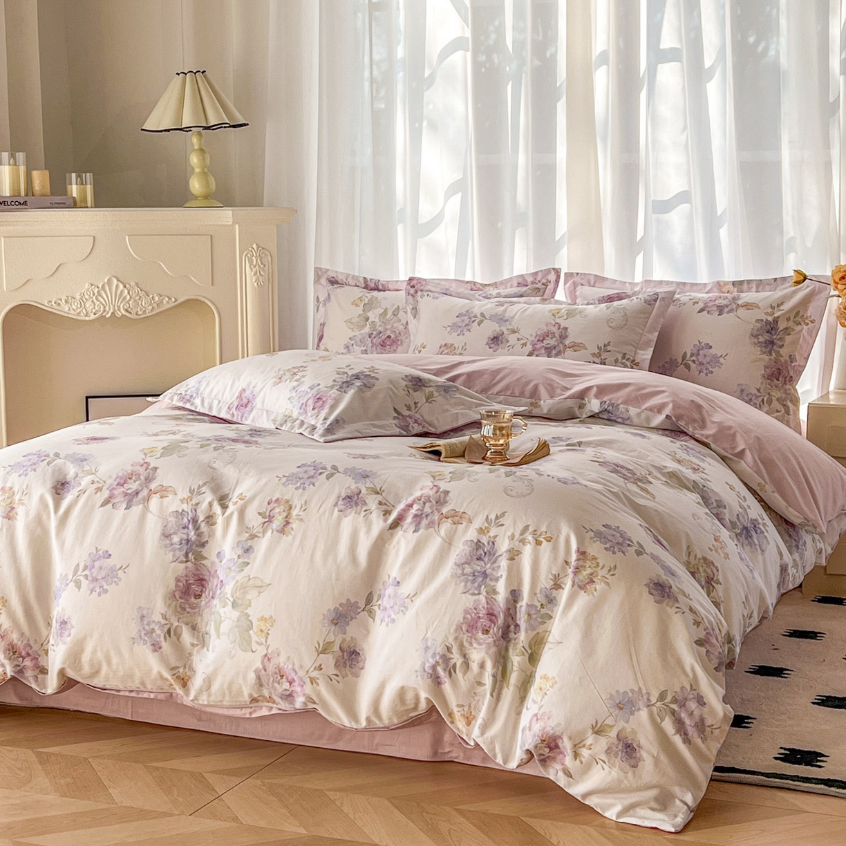 91家纺网 家纺一手货源 找家纺 卧趣家纺 2026新款纯棉花卉系列全棉印花四件套 嘉卉-紫