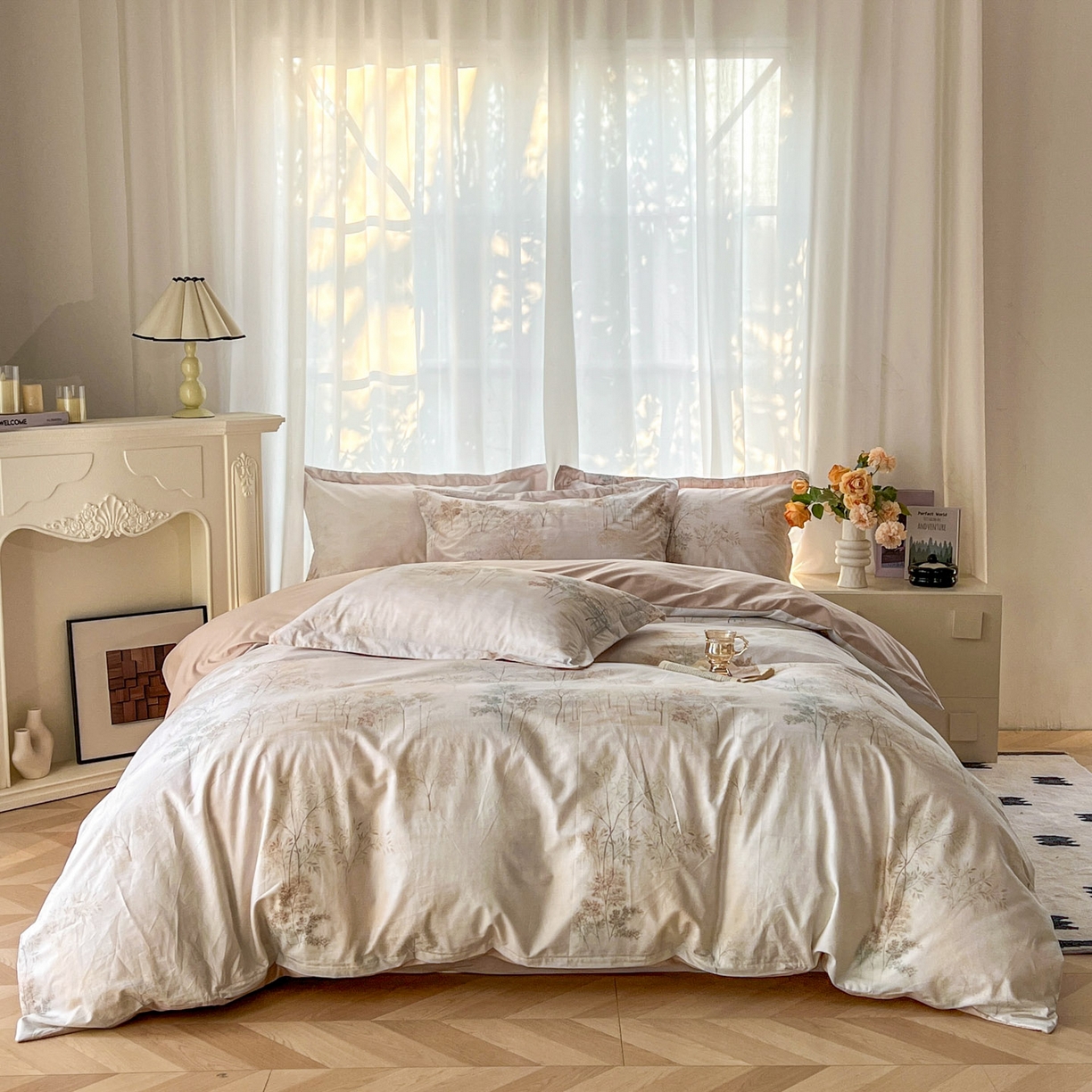 91家纺网 家纺一手货源 找家纺 卧趣家纺 2026新款纯棉花卉系列全棉印花四件套 沐霖-桔