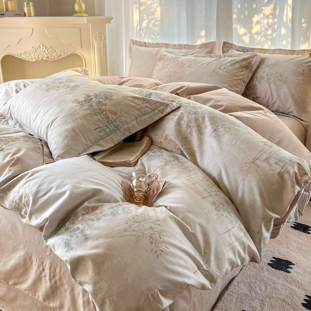 91家纺网 家纺一手货源 找家纺 卧趣家纺 2026新款纯棉花卉系列全棉印花四件套 沐霖-桔