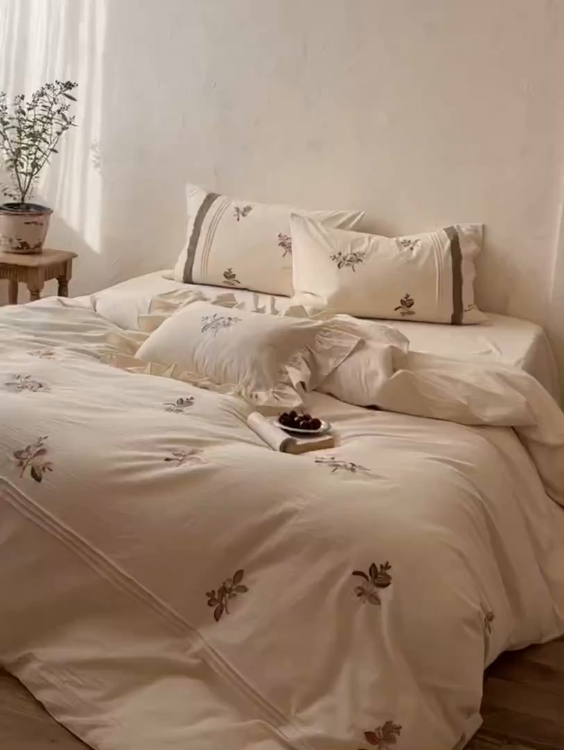 91家纺网 家纺一手货源 找家纺 （总）鹿班家居 2026春季新品色织棉麻精密刺绣系列四件套-秋桉花信（标准会员-20元）