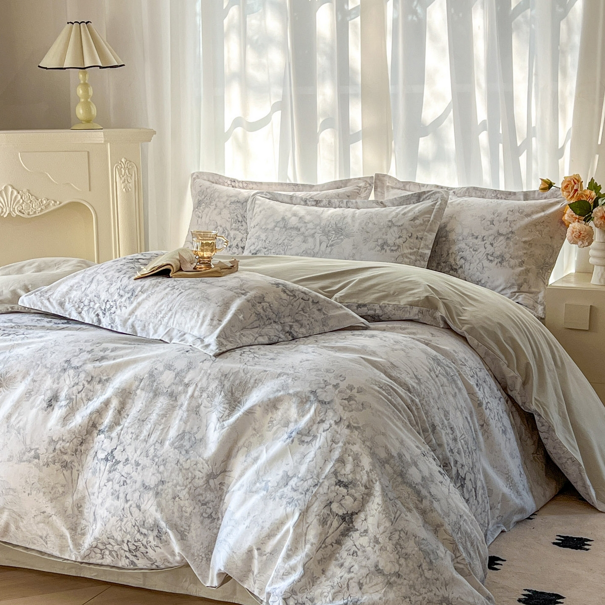 91家纺网 家纺一手货源 找家纺 卧趣家纺 2026新款纯棉花卉系列全棉印花四件套 清珞-灰