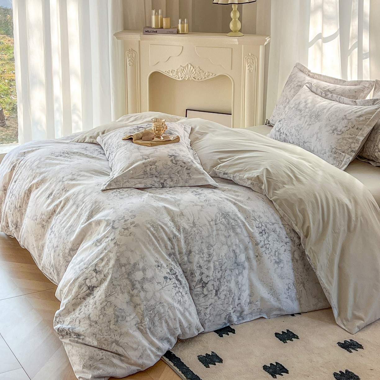 91家纺网 家纺一手货源 找家纺 卧趣家纺 2026新款纯棉花卉系列全棉印花四件套 清珞-灰