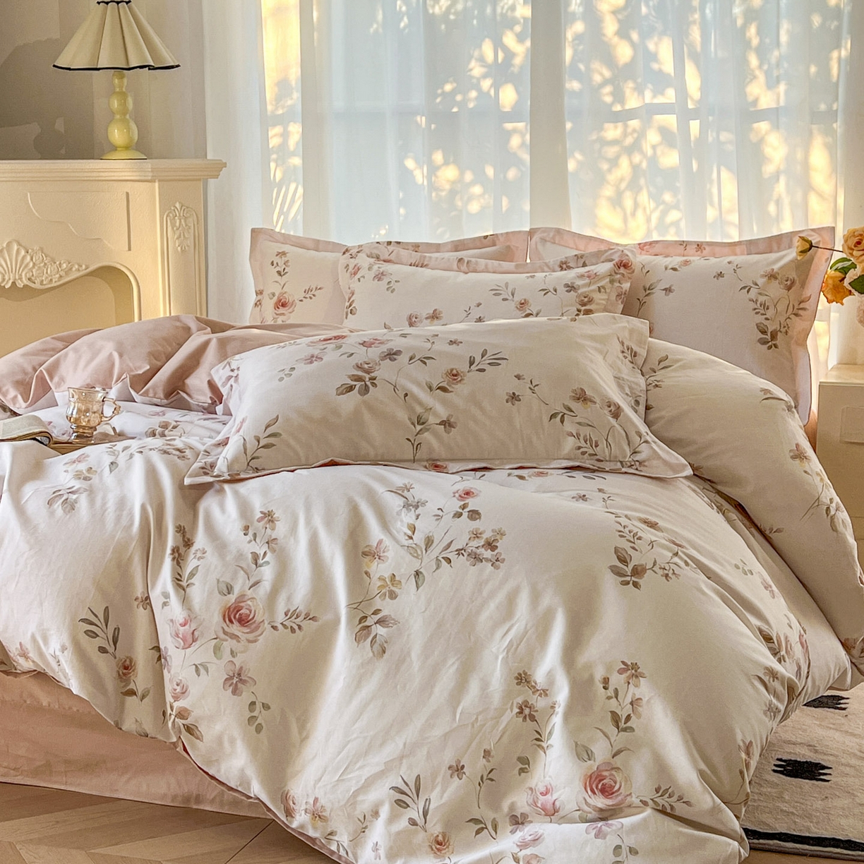 91家纺网 家纺一手货源 找家纺 卧趣家纺 2026新款纯棉花卉系列全棉印花四件套 清悠-粉