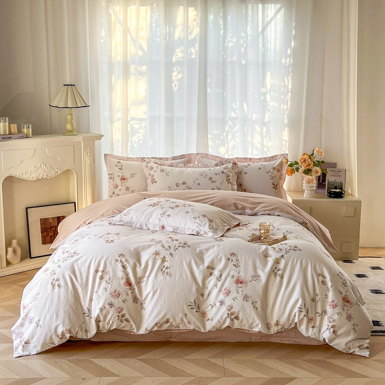 91家纺网 家纺一手货源 找家纺 卧趣家纺 2026新款纯棉花卉系列全棉印花四件套 清悠-粉