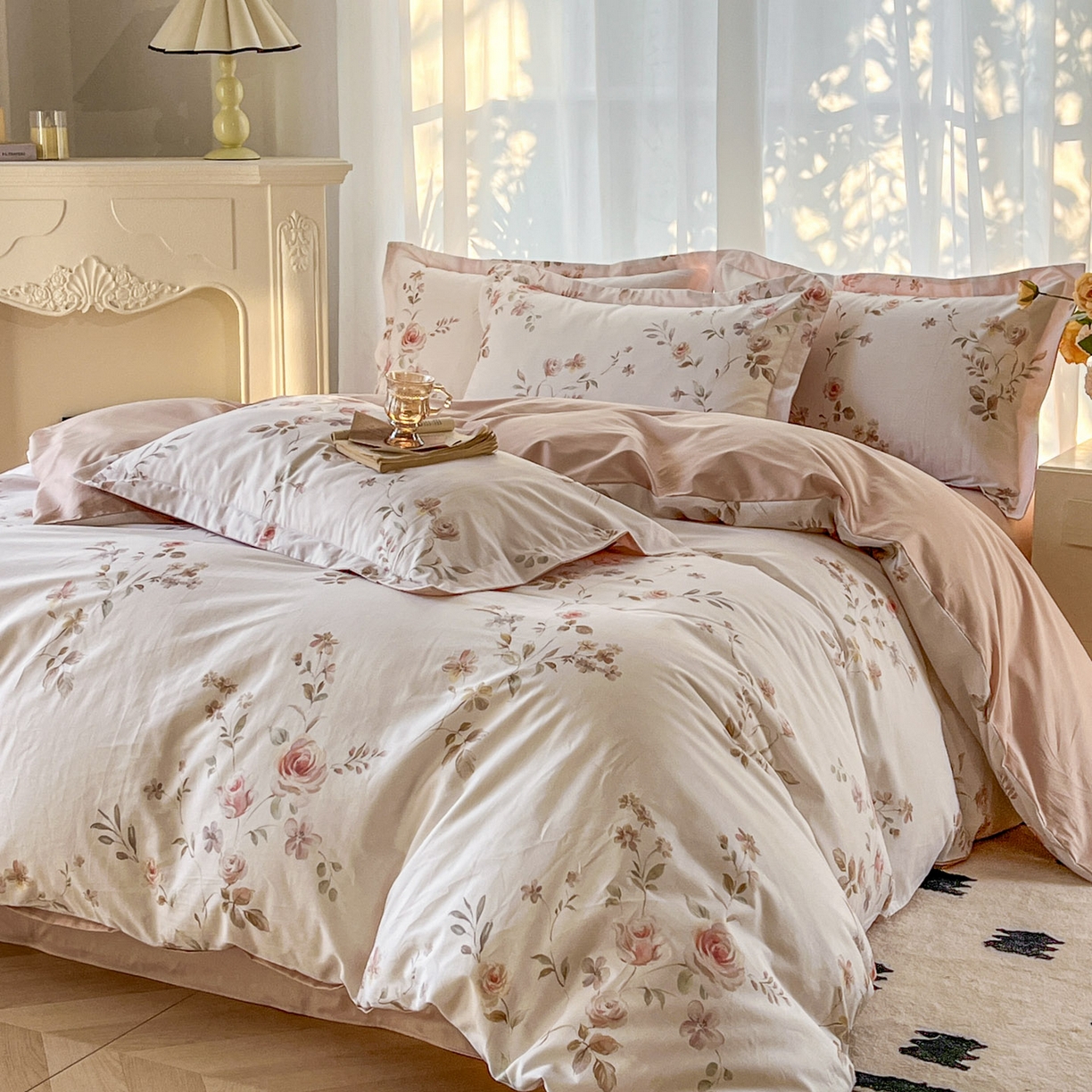 91家纺网 家纺一手货源 找家纺 卧趣家纺 2026新款纯棉花卉系列全棉印花四件套 清悠-粉