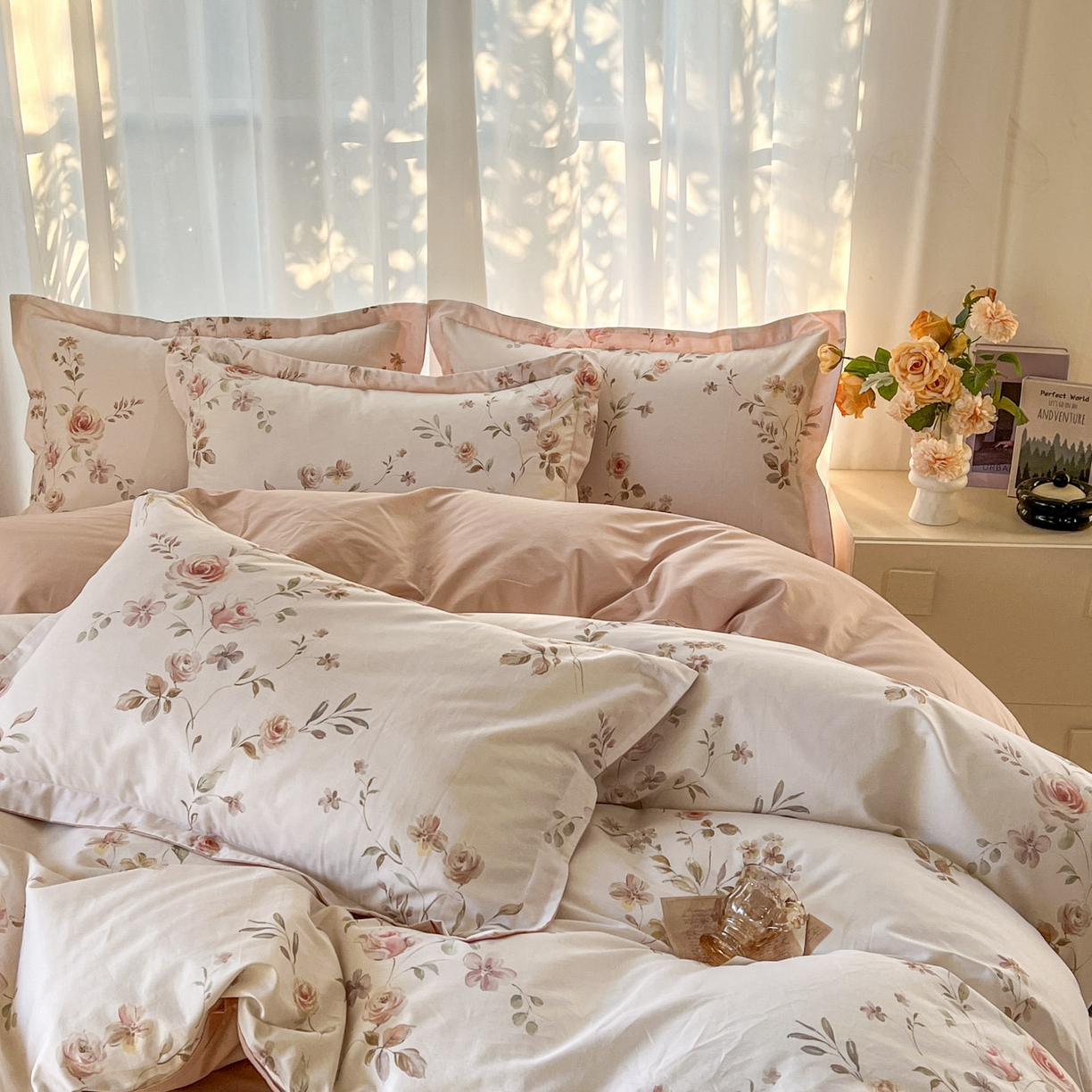 91家纺网 家纺一手货源 找家纺 卧趣家纺 2026新款纯棉花卉系列全棉印花四件套 清悠-粉