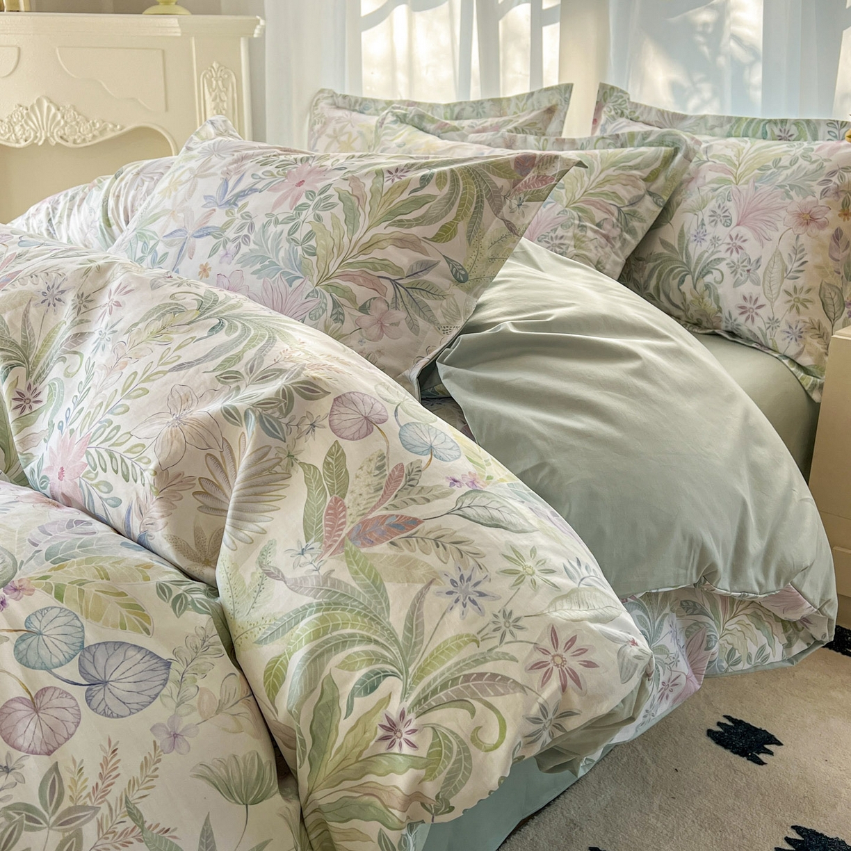 91家纺网 家纺一手货源 找家纺 卧趣家纺 2026新款纯棉花卉系列全棉印花四件套 晚柠-绿