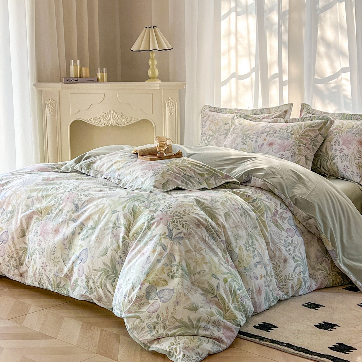 91家纺网 家纺一手货源 找家纺 卧趣家纺 2026新款纯棉花卉系列全棉印花四件套 晚柠-绿