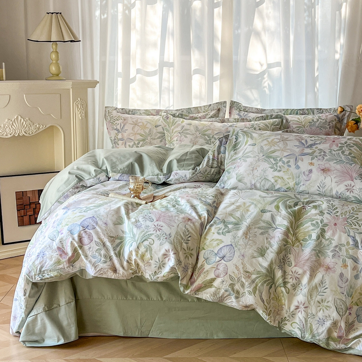 91家纺网 家纺一手货源 找家纺 卧趣家纺 2026新款纯棉花卉系列全棉印花四件套 晚柠-绿