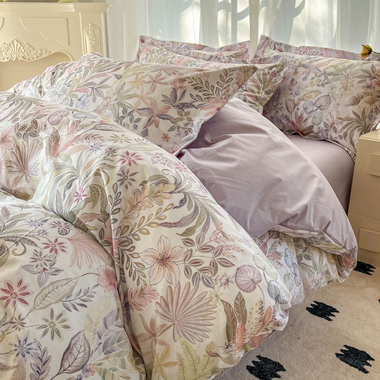 91家纺网 家纺一手货源 找家纺 卧趣家纺 2026新款纯棉花卉系列全棉印花四件套 晚柠-紫