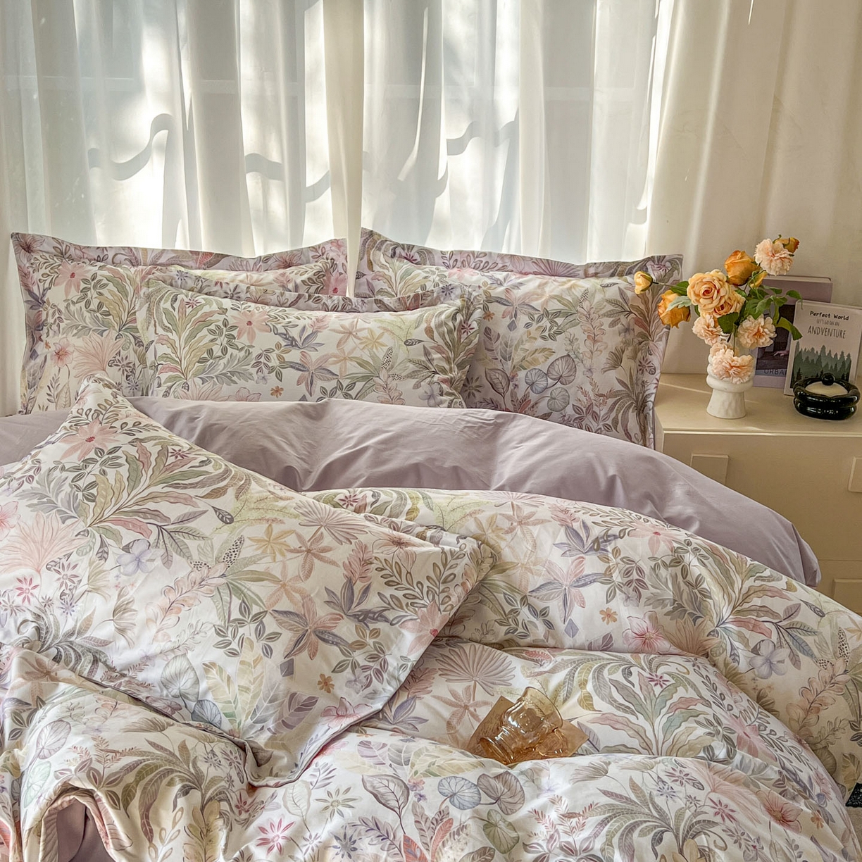 91家纺网 家纺一手货源 找家纺 卧趣家纺 2026新款纯棉花卉系列全棉印花四件套 晚柠-紫