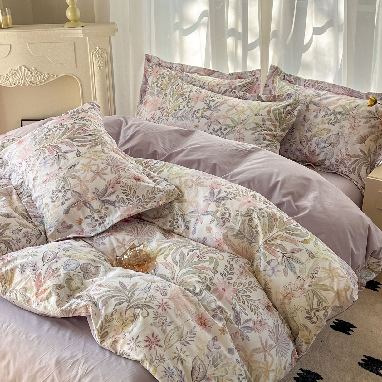 91家纺网 家纺一手货源 找家纺 卧趣家纺 2026新款纯棉花卉系列全棉印花四件套 晚柠-紫