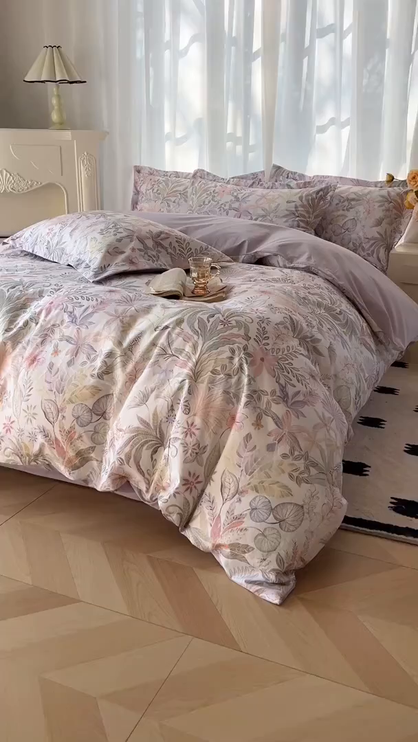 91家纺网 家纺一手货源 找家纺 卧趣家纺 2026新款纯棉花卉系列全棉印花四件套 晚柠-紫