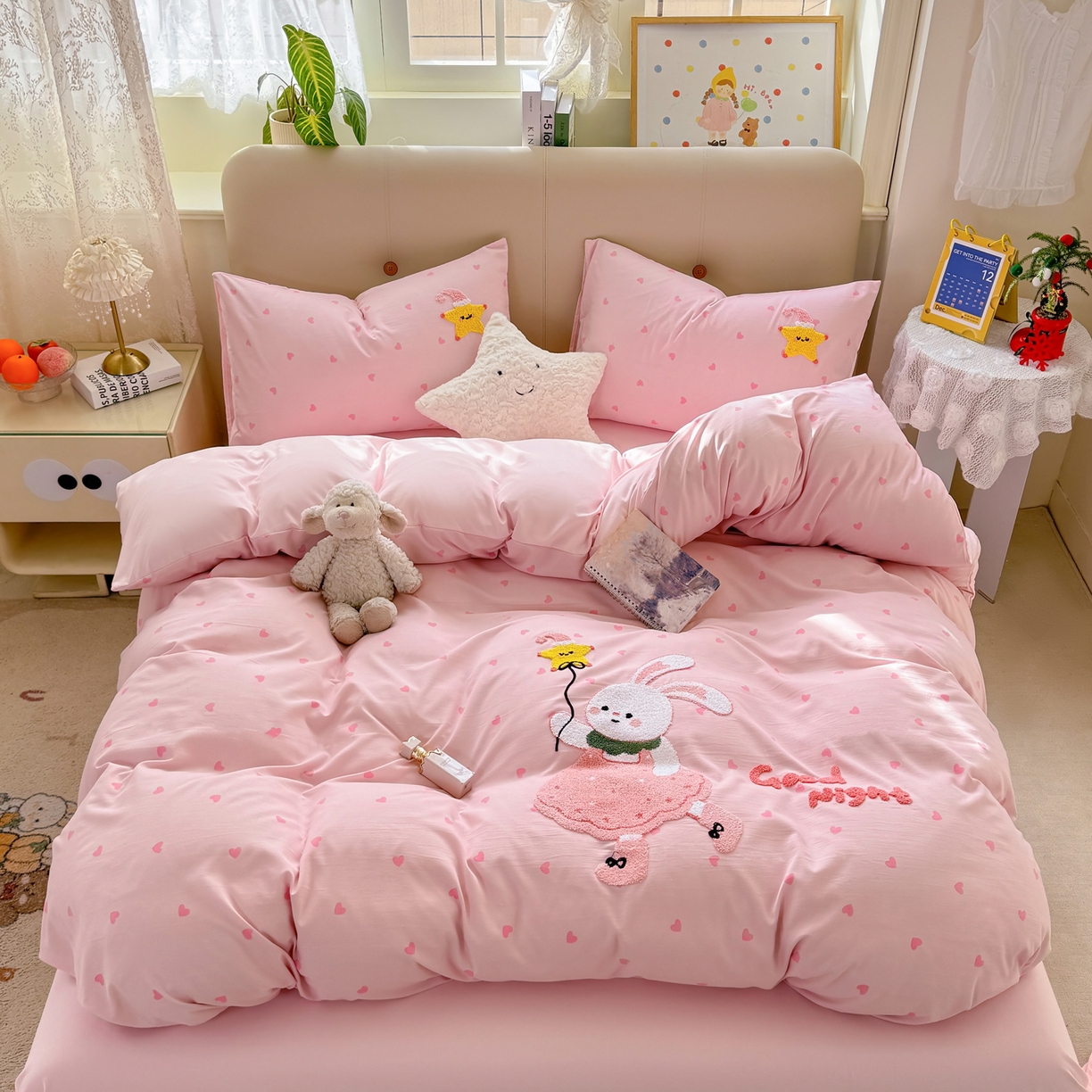 91家纺网 家纺一手货源 找家纺 暖芯优选 2026新款小红书热款混搭风毛巾绣床上用品四件套韩版学生三件套 萌萌兔