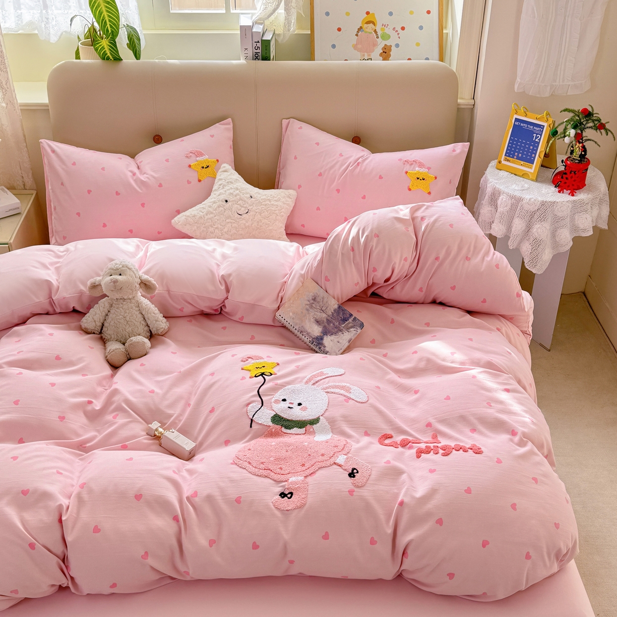 91家纺网 家纺一手货源 找家纺 暖芯优选 2026新款小红书热款混搭风毛巾绣床上用品四件套韩版学生三件套 萌萌兔