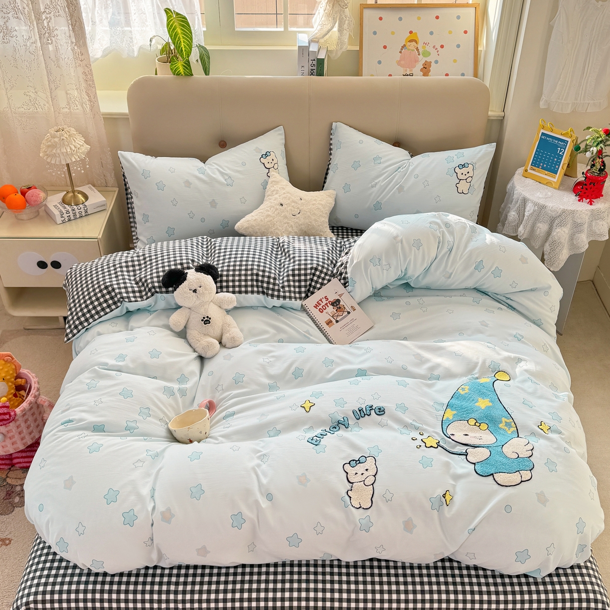 91家纺网 家纺一手货源 找家纺 暖芯优选 2026新款小红书热款混搭风毛巾绣床上用品四件套韩版学生三件套 星空缘